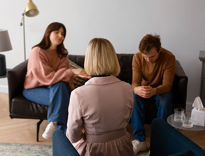 Cozy therapy session at The Guidance House with individuals in emotional conversation, highlighting relationship support.